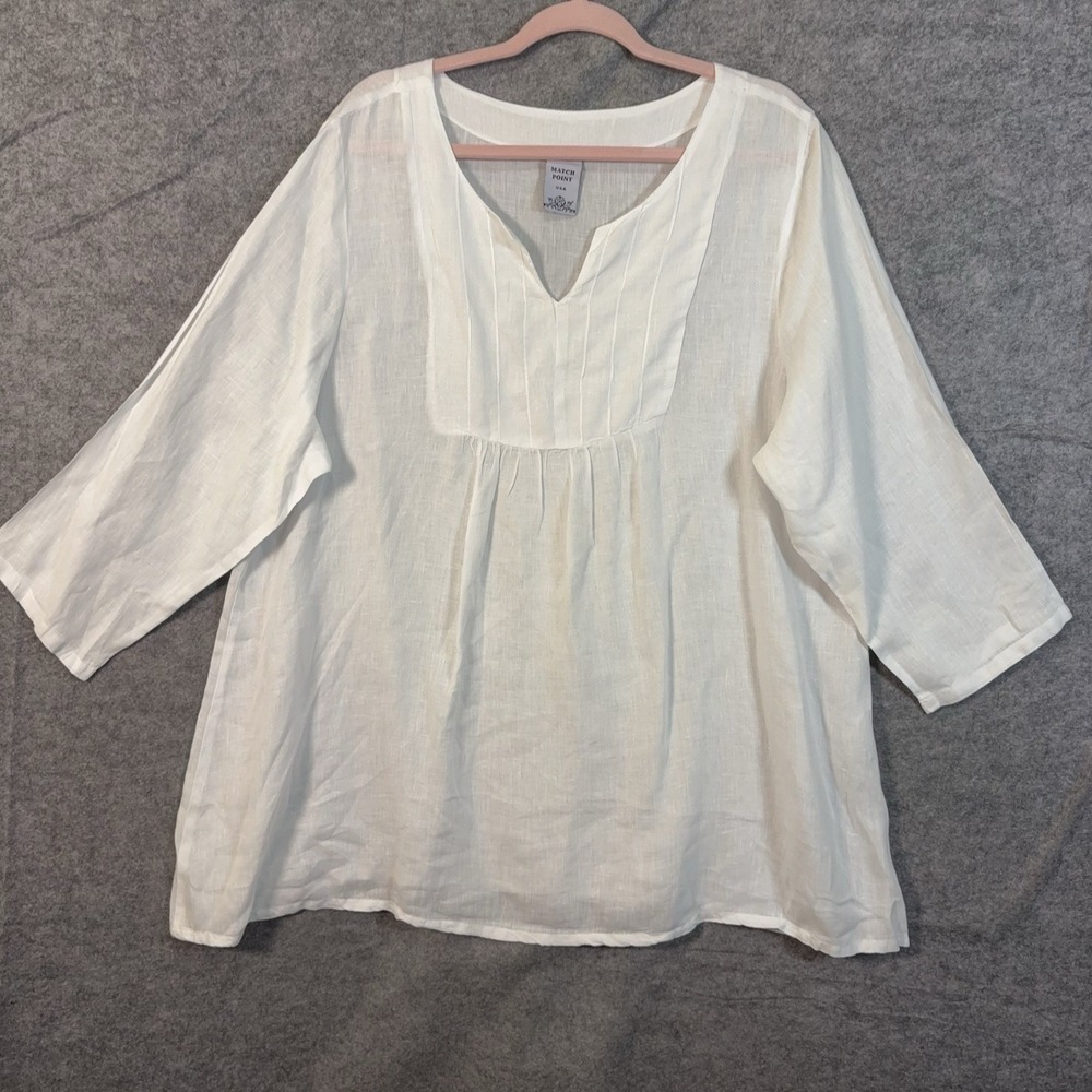 Match Point Linen Tunic Blouse Women 2XL XXL White Pleated Lightweight Lagenlook